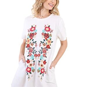 Umgee Size Large Floral Embroidered White Dress Pockets Boho Boutique Vacation